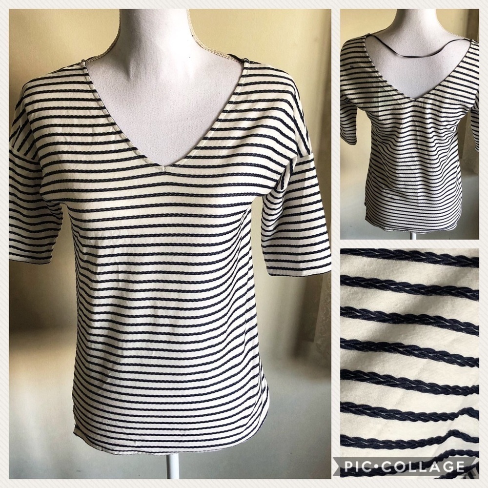 Massimo Dutti Ribbon Trim Striped Top XS Blue White Shirt